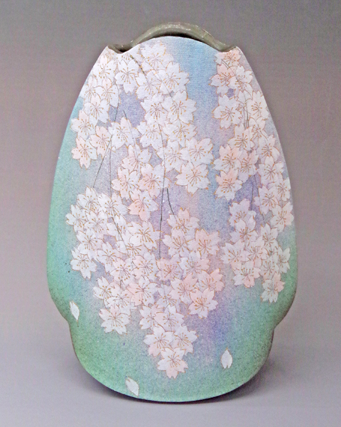 陶芸家 島田恭子 櫻文扁壺 27cm 薄緑色 インテリア 置き物 花瓶 桜文